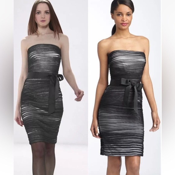 Tadashi Shoji Black/White Pleated Layered Mesh strapless tie waist dress size 8 - Picture 2 of 12